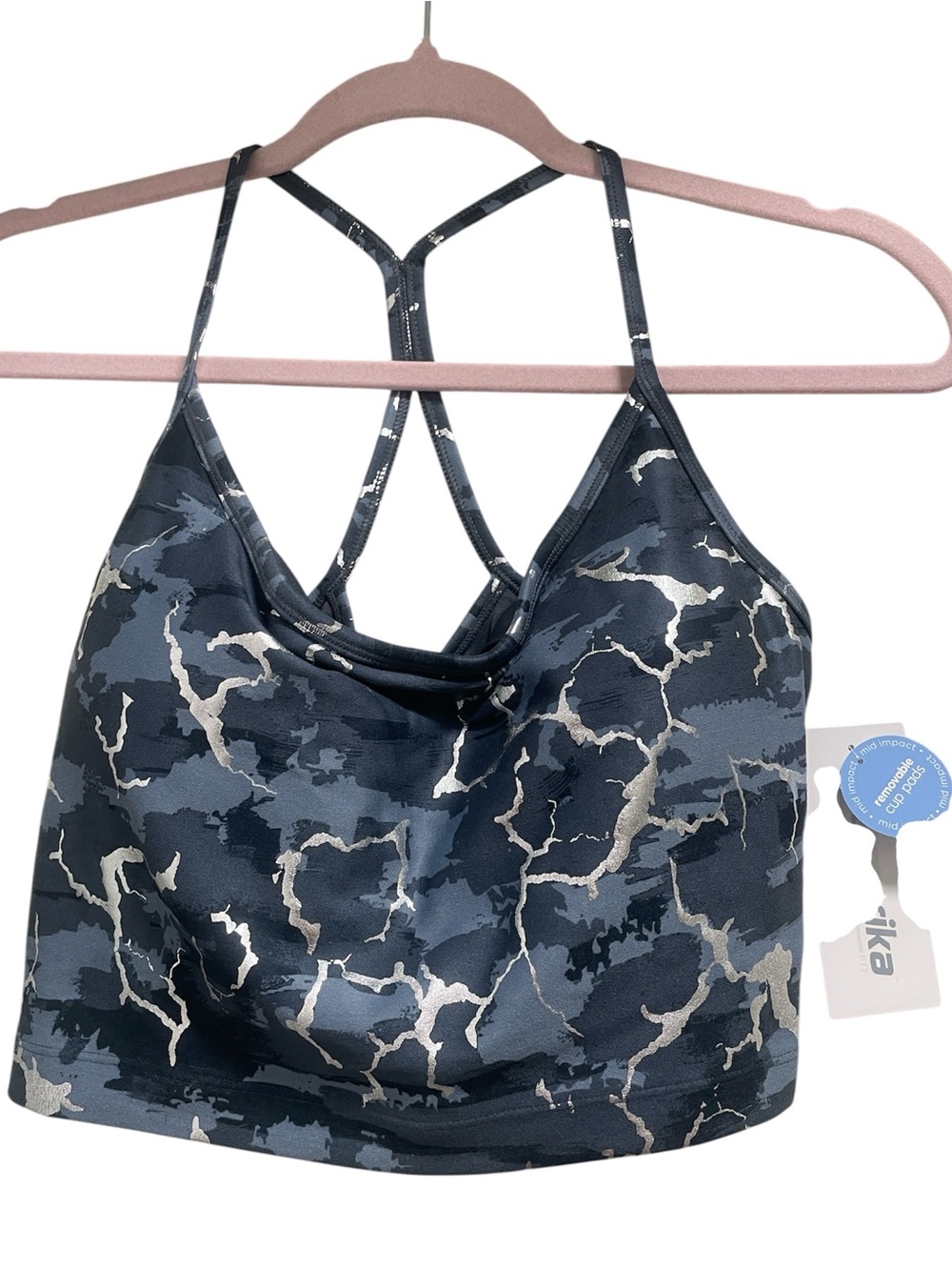 Marika Ombre Blue with Silver Foil Racerback Sports Bra NWT Size L